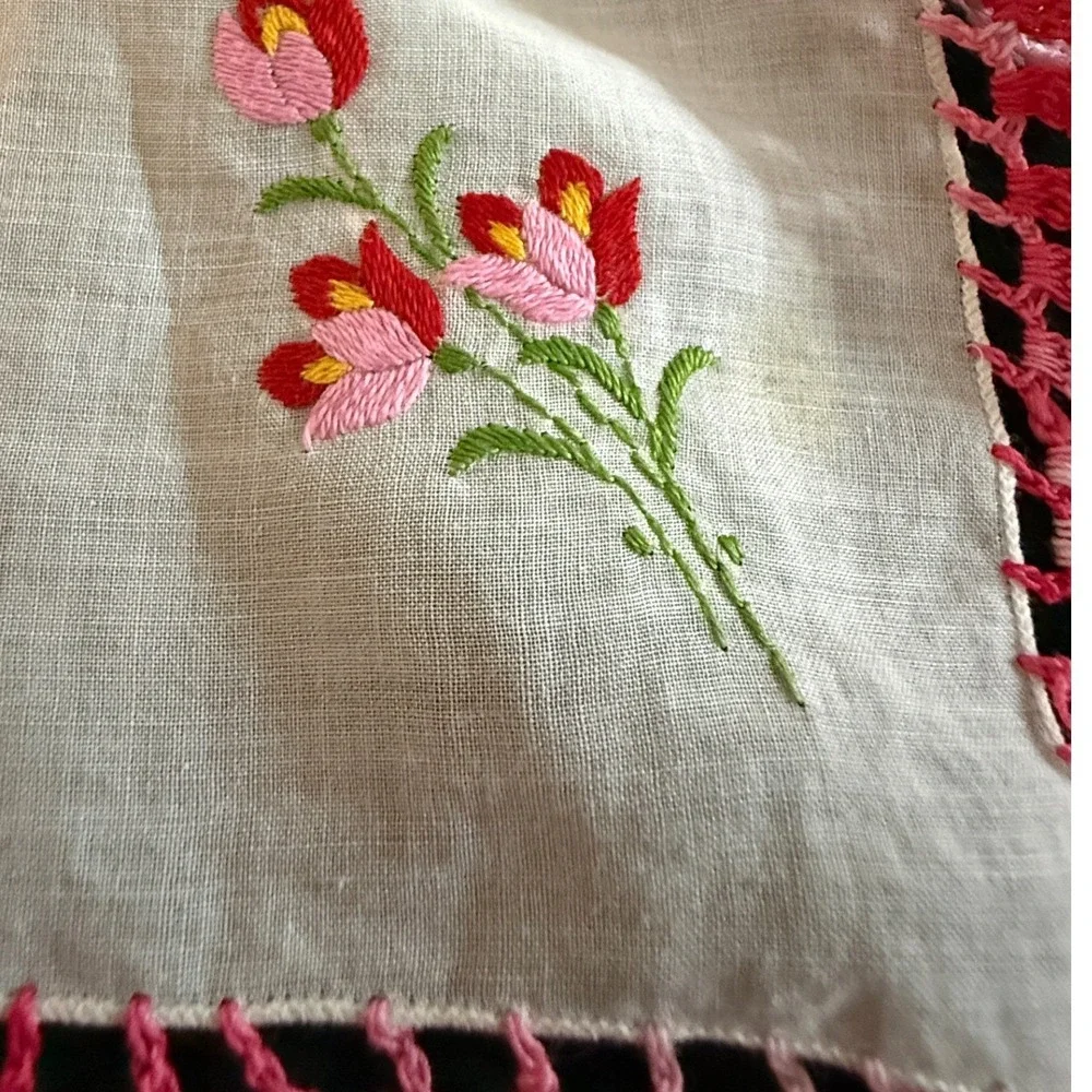Vintage‎ Floral Handkerchief Set Pink White Lace Embroidered Cotton 3 Piece